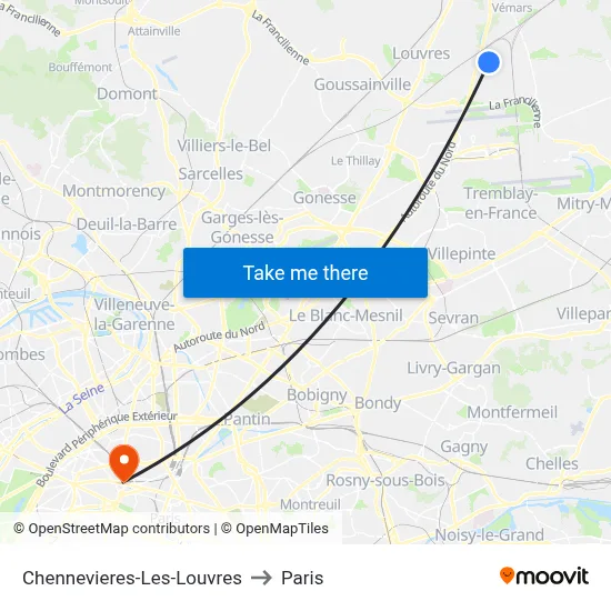 Chennevieres-Les-Louvres to Paris map
