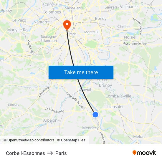 Corbeil-Essonnes to Paris map