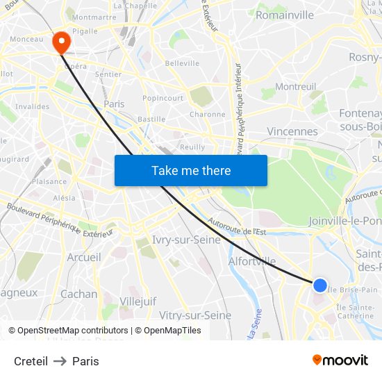 Creteil to Paris map