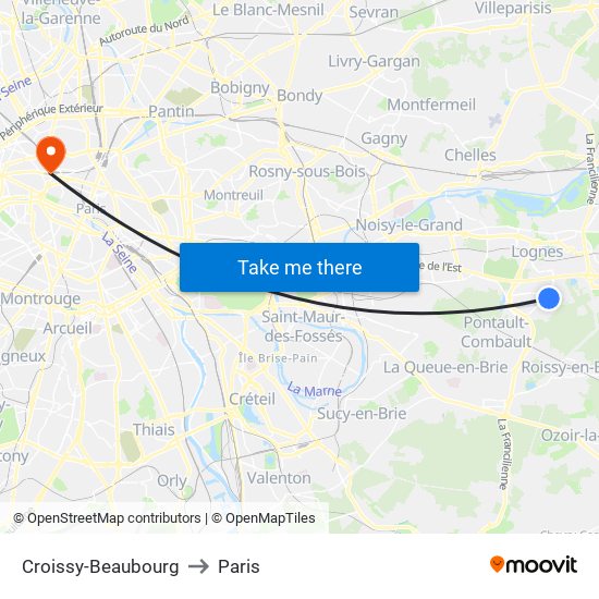 Croissy-Beaubourg to Paris map
