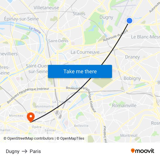 Dugny to Paris map