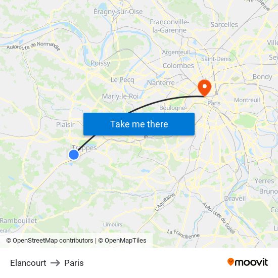 Elancourt to Paris map