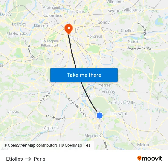 Etiolles to Paris map