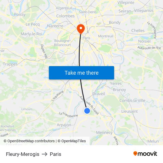 Fleury-Merogis to Paris map