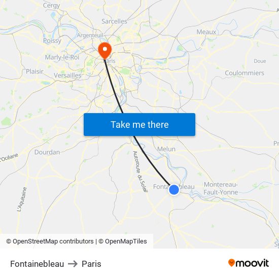 Fontainebleau to Paris map