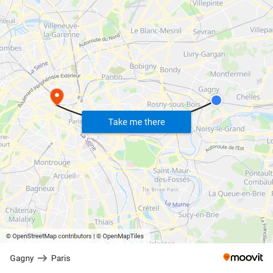 Gagny to Paris map