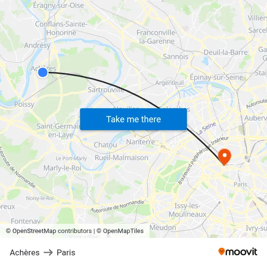 Achères to Paris map