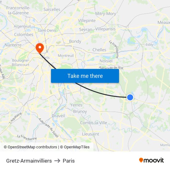 Gretz-Armainvilliers to Paris map