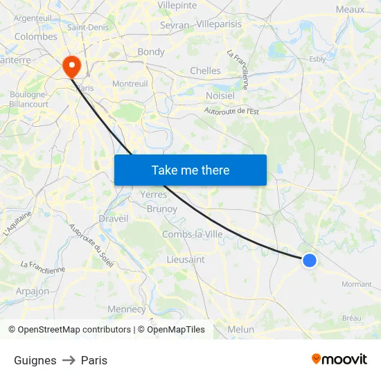 Guignes to Paris map