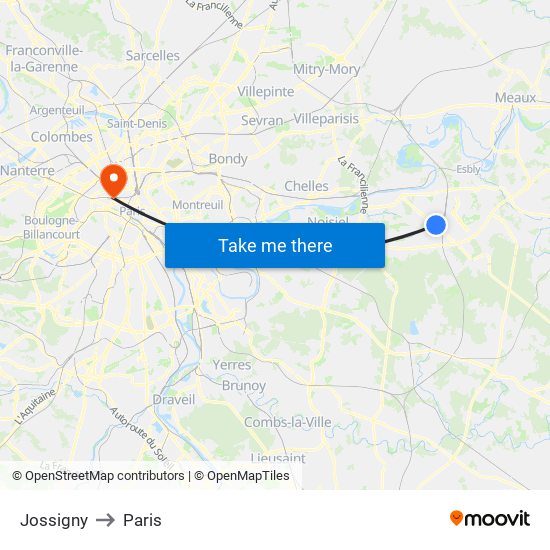 Jossigny to Paris map