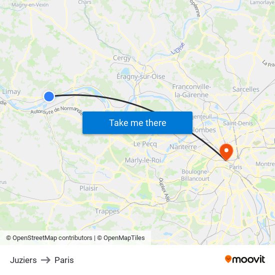 Juziers to Paris map