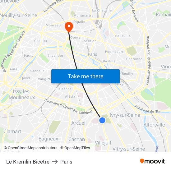 Le Kremlin-Bicetre to Paris map