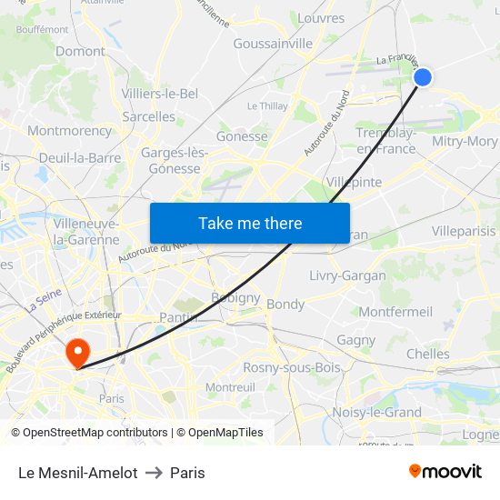 Le Mesnil-Amelot to Paris map
