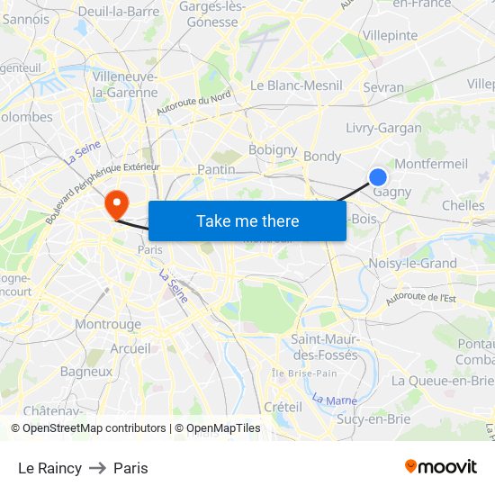 Le Raincy to Paris map