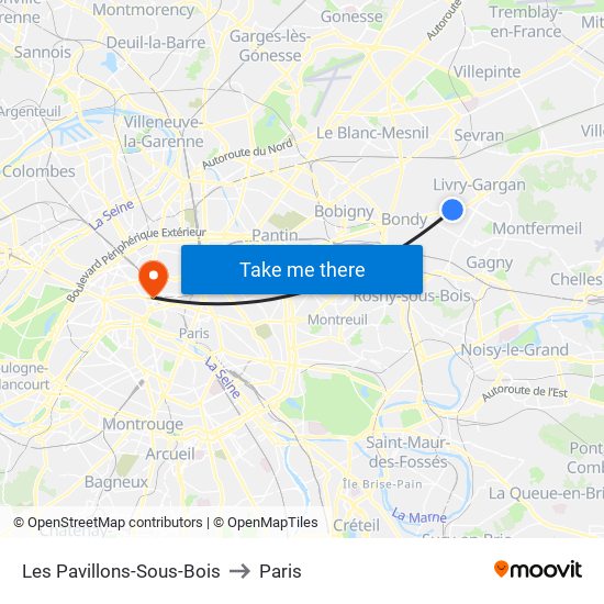 Les Pavillons-Sous-Bois to Paris map