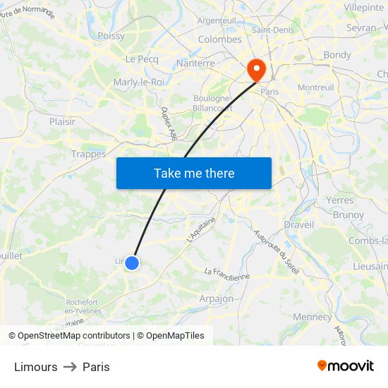 Limours to Paris map