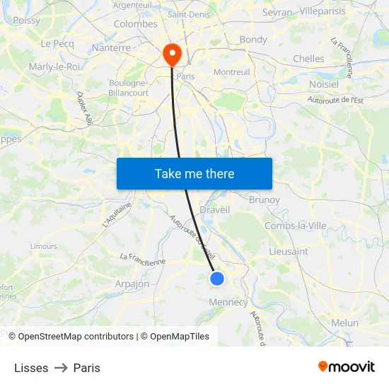 Lisses to Paris map