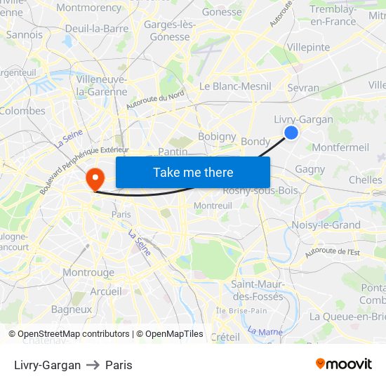 Livry-Gargan to Paris map