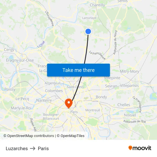 Luzarches to Paris map