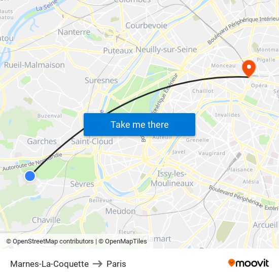 Marnes-La-Coquette to Paris map