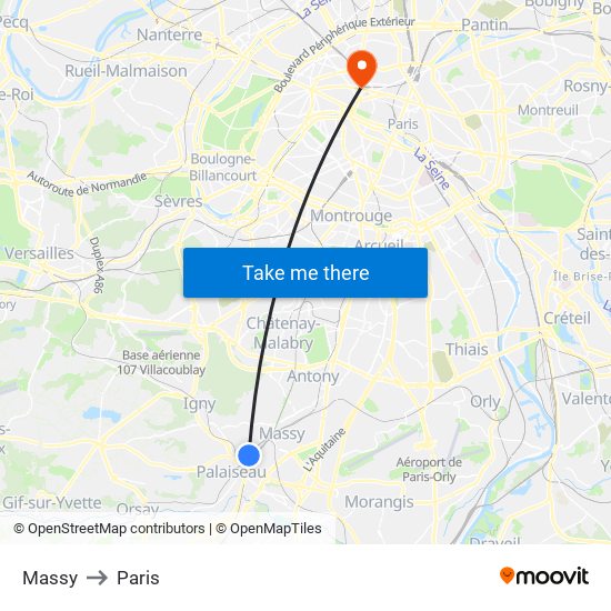 Massy to Paris map
