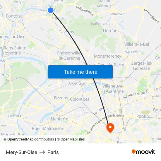 Mery-Sur-Oise to Paris map