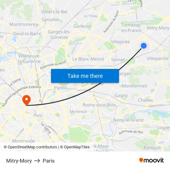 Mitry-Mory to Paris map