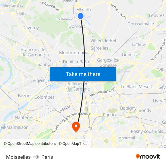 Moisselles to Paris map