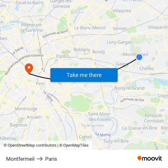 Montfermeil to Paris map