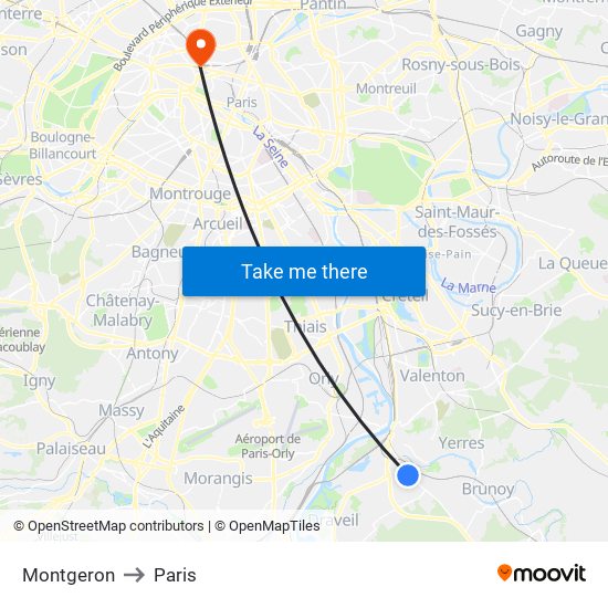 Montgeron to Paris map