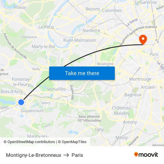 Montigny-Le-Bretonneux to Paris map
