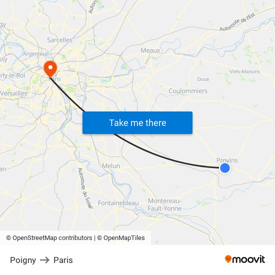 Poigny to Paris map