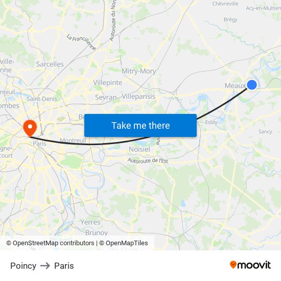 Poincy to Paris map