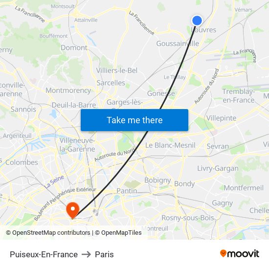 Puiseux-En-France to Paris map