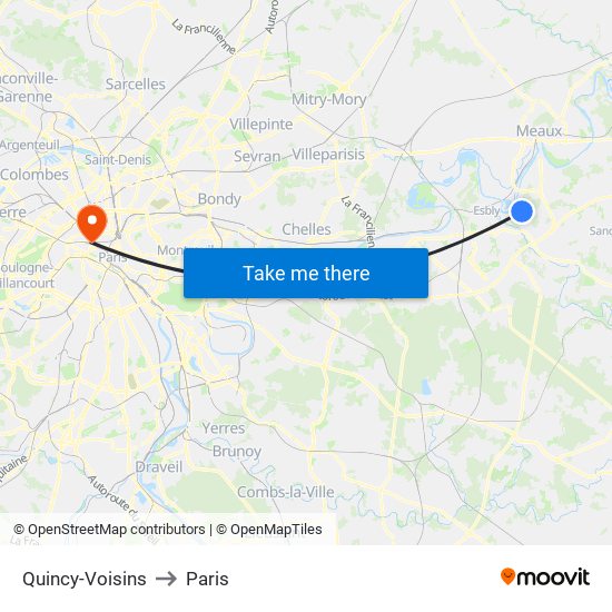 Quincy-Voisins to Paris map