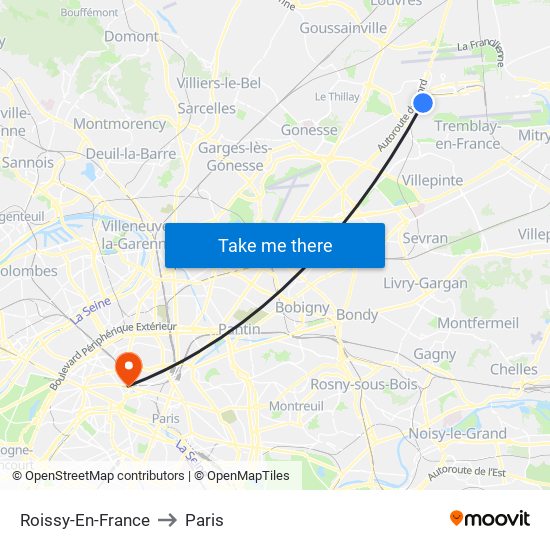 Roissy-En-France to Paris map