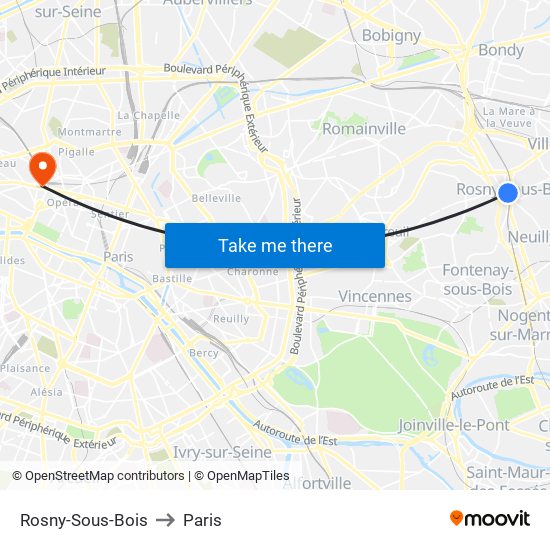 Rosny-Sous-Bois to Paris map