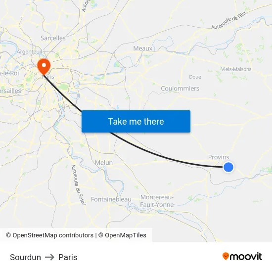 Sourdun to Paris map