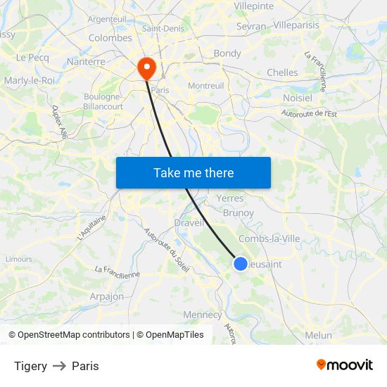Tigery to Paris map
