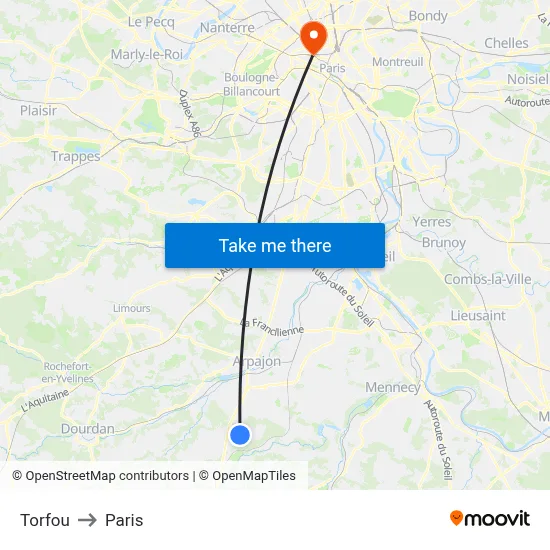 Torfou to Paris map