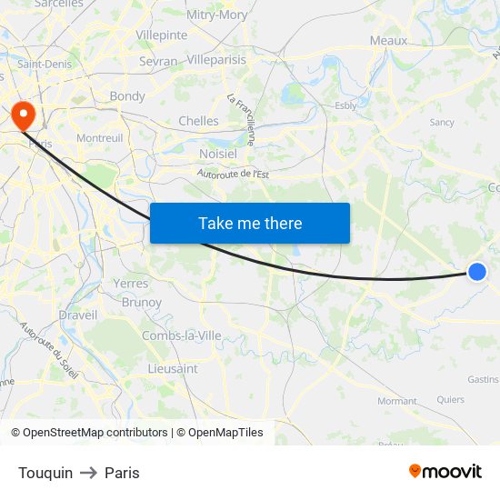 Touquin to Paris map