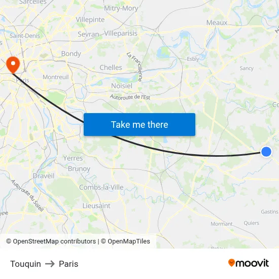 Touquin to Paris map