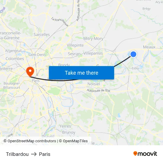 Trilbardou to Paris map