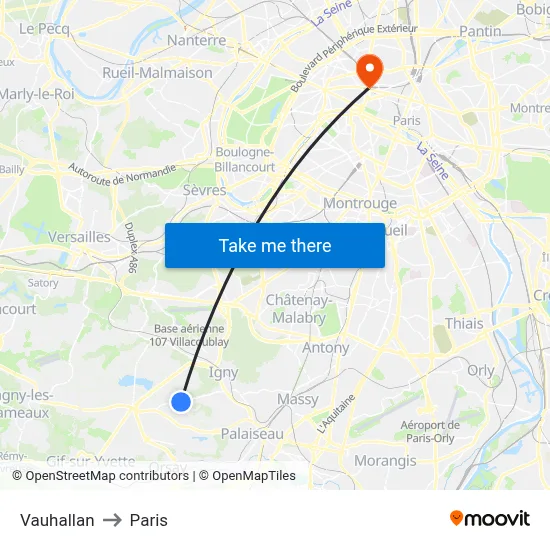 Vauhallan to Paris map
