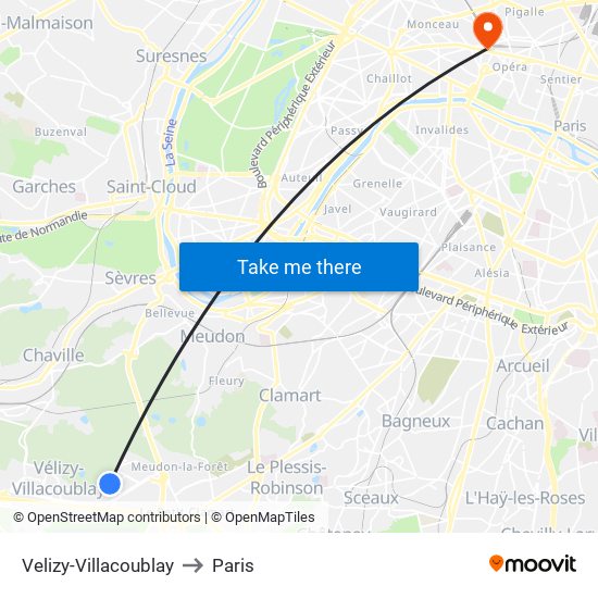 Velizy-Villacoublay to Paris map