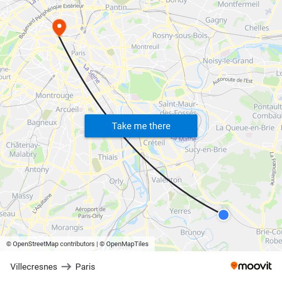 Villecresnes to Paris map