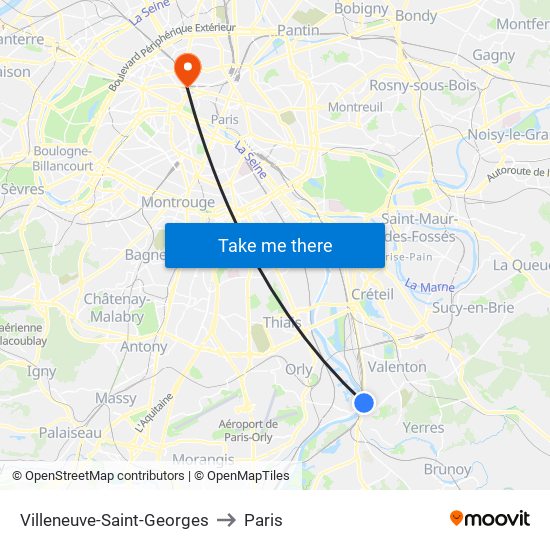 Villeneuve-Saint-Georges to Paris map