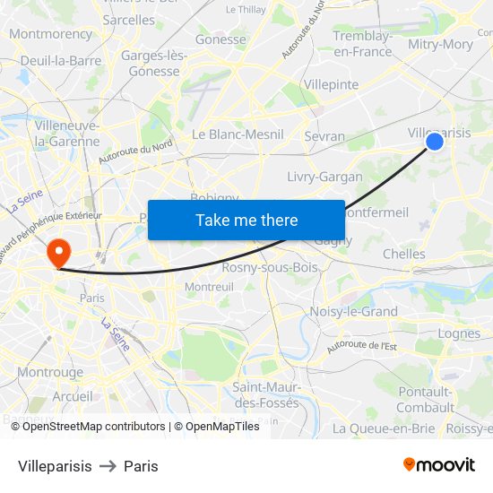 Villeparisis to Paris map