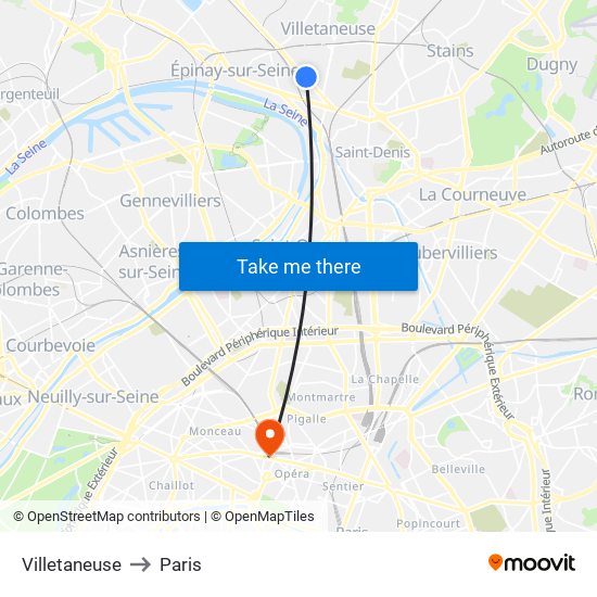 Villetaneuse to Paris map