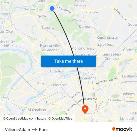 Villiers-Adam to Paris map